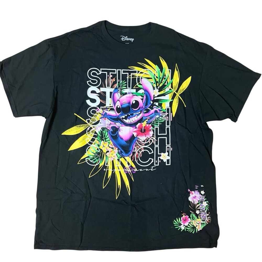 Lilo And Stitch T-Shirt Mens XL Black Hawaiian Colorful Short Sleeve Floral